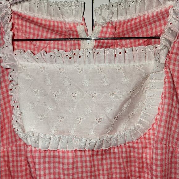 Vintage Handmade Pink Gingham Prairie Cottagecore Lace Maxi Dress L/XL - Picture 5 of 7
